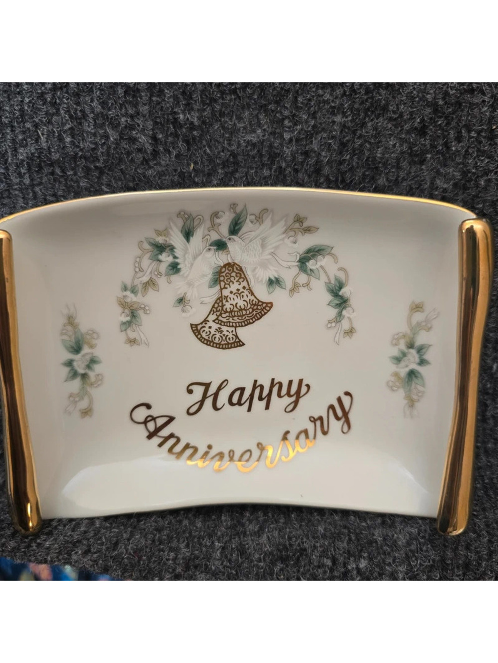 Vintage Lefton China Happy Anniversary Trinket Dish Gold Trim Porcelain Gift